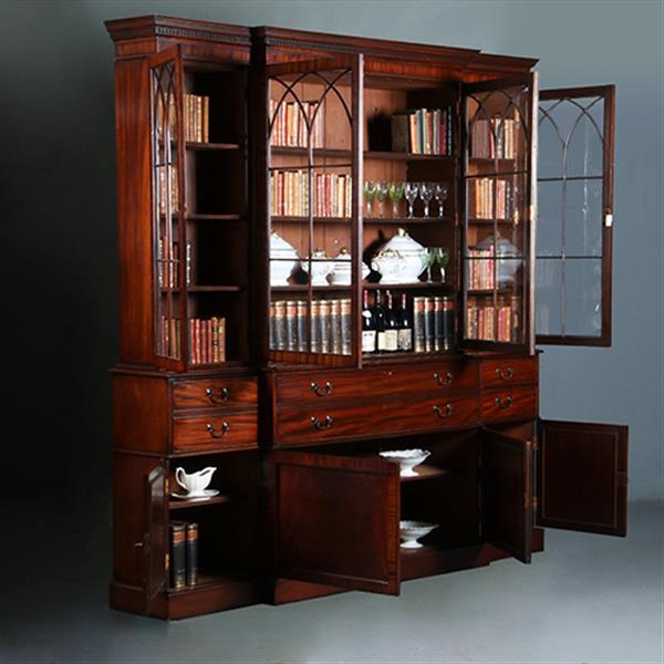 Grote foto grote breakfront boekenkast of bibliotheekkast ca 1910 met 8 deuren en bureau no.280325 antiek en kunst overige in antiek gebruiksvoorwerpen