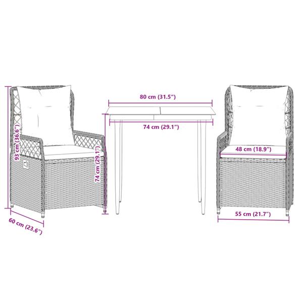 Grote foto vidaxl 3 delige tuinset met kussens poly rattan zwart tuin en terras tuinmeubelen