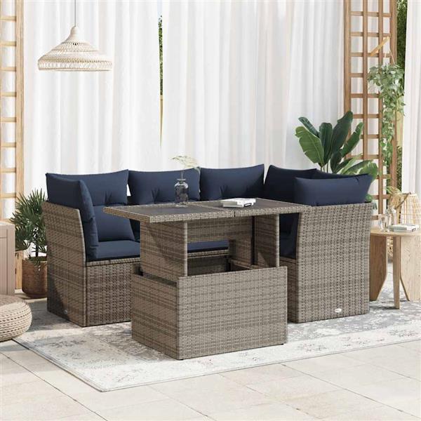 Grote foto vidaxl 5 delige loungeset met kussens poly rattan acacia grijs tuin en terras tuinmeubelen