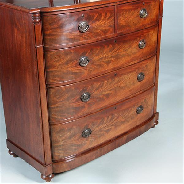 Grote foto bow front commode met oplopende lade bloemmahonie ca 1825 no.280315 antiek en kunst stoelen en banken