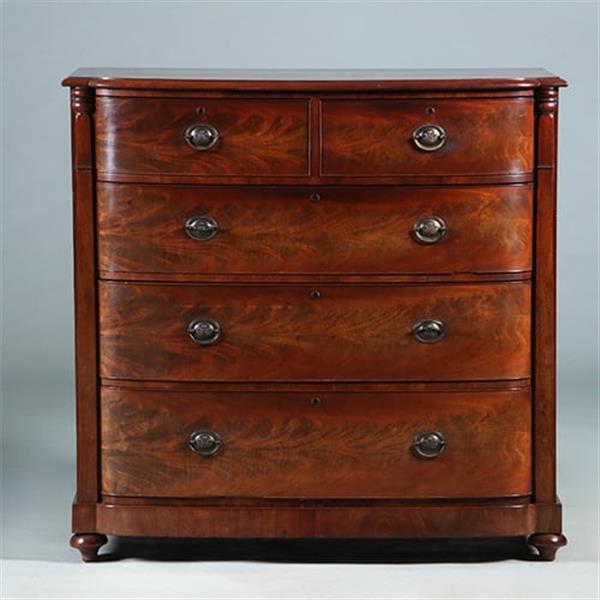 Grote foto bow front commode met oplopende lade bloemmahonie ca 1825 no.280315 antiek en kunst stoelen en banken