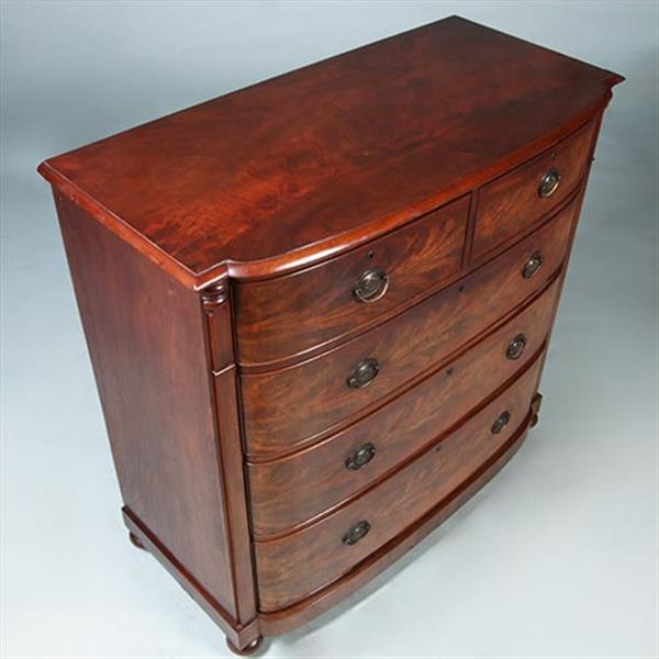 Grote foto bow front commode met oplopende lade bloemmahonie ca 1825 no.280315 antiek en kunst stoelen en banken