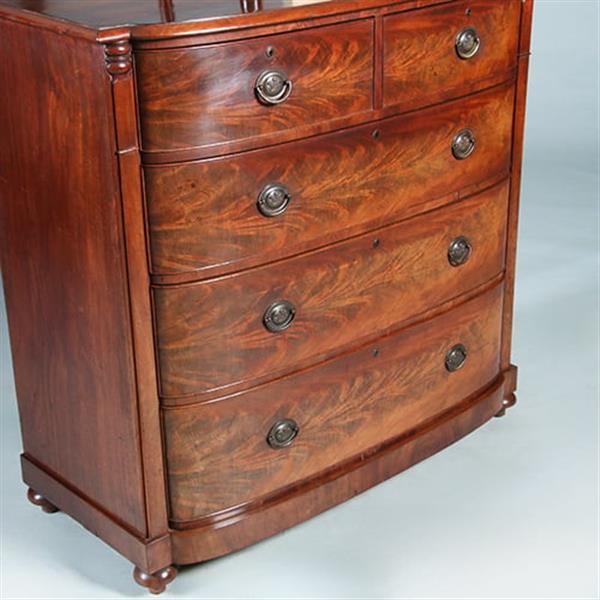 Grote foto bow front commode met oplopende lade bloemmahonie ca 1825 no.280315 antiek en kunst stoelen en banken