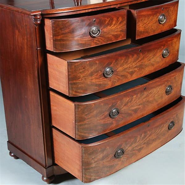 Grote foto bow front commode met oplopende lade bloemmahonie ca 1825 no.280315 antiek en kunst stoelen en banken