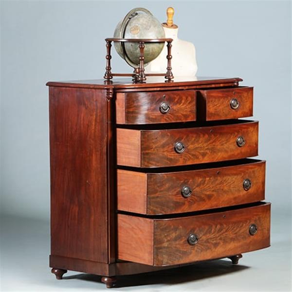Grote foto bow front commode met oplopende lade bloemmahonie ca 1825 no.280315 antiek en kunst stoelen en banken