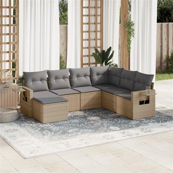 Grote foto vidaxl 7 delige loungeset met kussens poly rattan beige tuin en terras tuinmeubelen