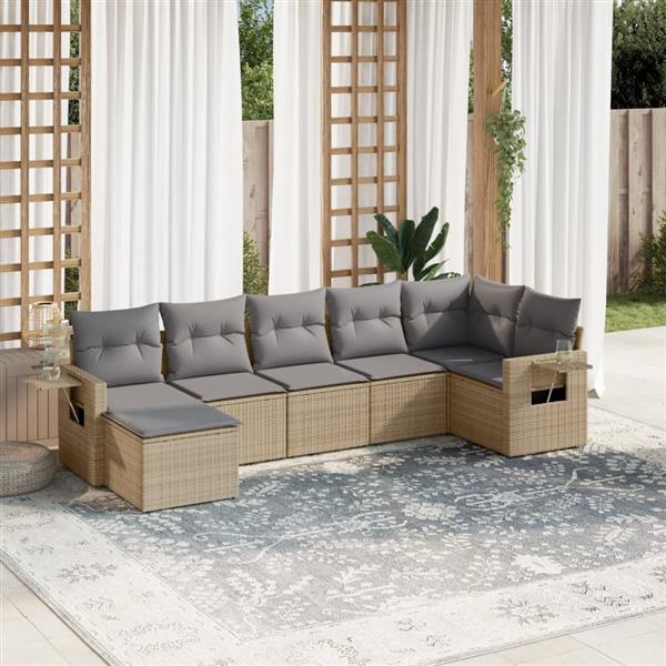 Grote foto vidaxl 7 delige loungeset met kussens poly rattan beige tuin en terras tuinmeubelen