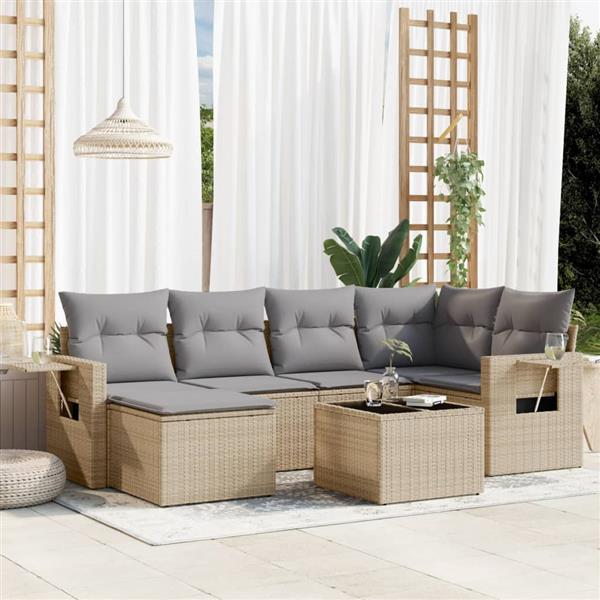 Grote foto vidaxl 7 delige loungeset met kussens poly rattan beige tuin en terras tuinmeubelen