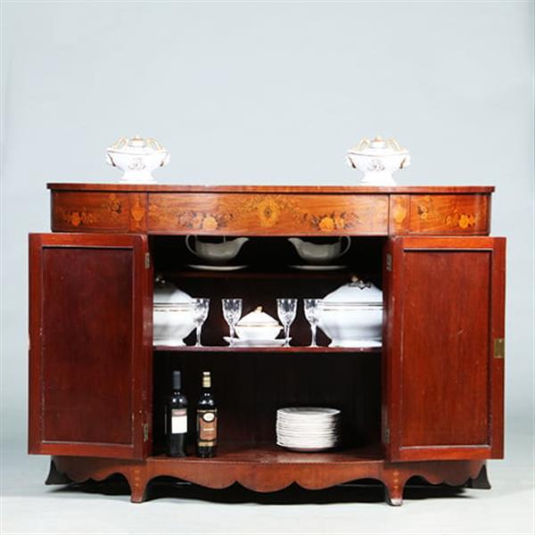 Grote foto half rond sideboard in mahonie met fantastische kwaliteit inlegwerk ca 1875 no.281450 antiek en kunst stoelen en banken