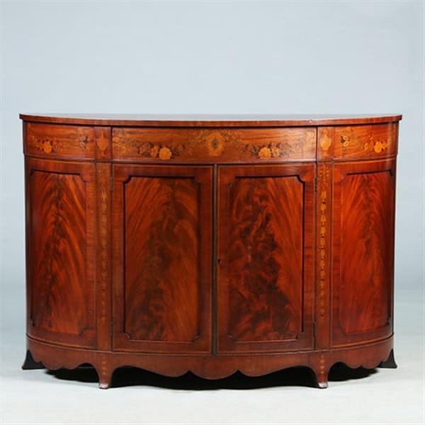 Grote foto half rond sideboard in mahonie met fantastische kwaliteit inlegwerk ca 1875 no.281450 antiek en kunst stoelen en banken