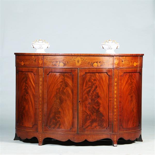 Grote foto half rond sideboard in mahonie met fantastische kwaliteit inlegwerk ca 1875 no.281450 antiek en kunst stoelen en banken