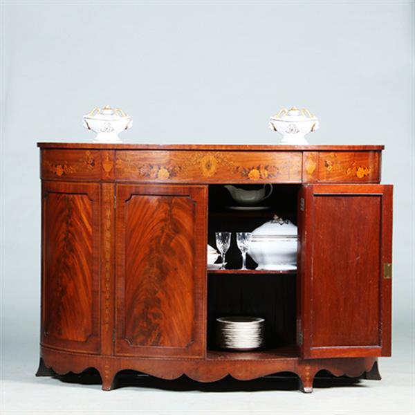 Grote foto half rond sideboard in mahonie met fantastische kwaliteit inlegwerk ca 1875 no.281450 antiek en kunst stoelen en banken