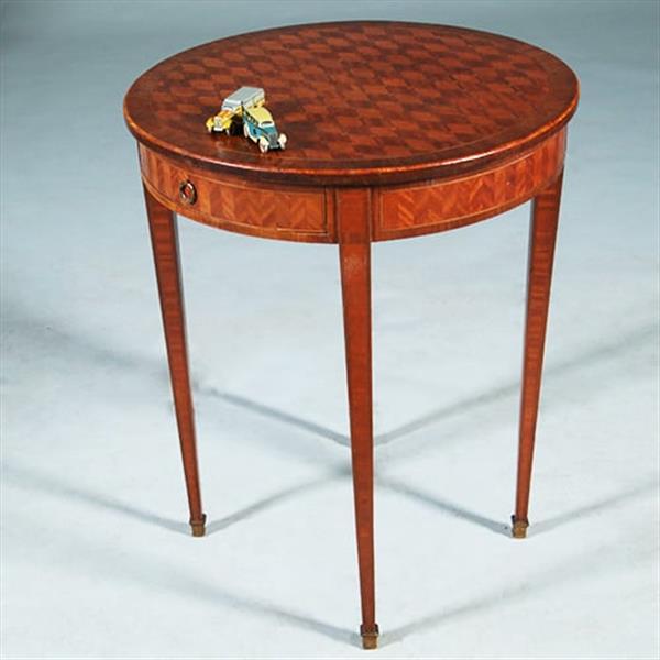 Grote foto ronde bijzettafel met lade en uitbundig ingelegd blad ca 1875 frankrijk no.281430 antiek en kunst stoelen en banken