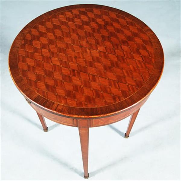 Grote foto ronde bijzettafel met lade en uitbundig ingelegd blad ca 1875 frankrijk no.281430 antiek en kunst stoelen en banken