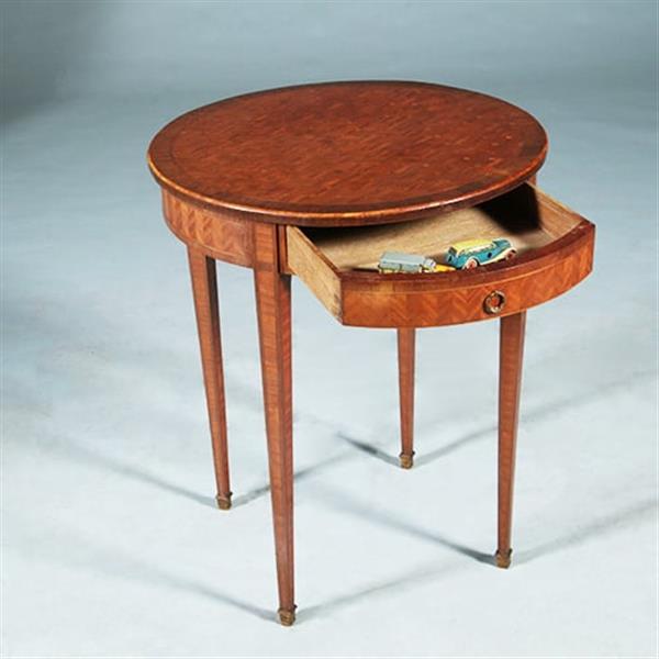 Grote foto ronde bijzettafel met lade en uitbundig ingelegd blad ca 1875 frankrijk no.281430 antiek en kunst stoelen en banken