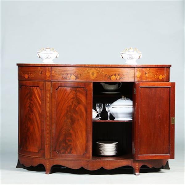 Grote foto half rond sideboard in mahonie met fantastische kwaliteit inlegwerk ca 1875 no.281450 antiek en kunst stoelen en banken