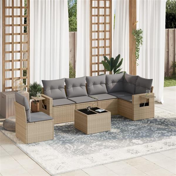 Grote foto vidaxl 7 delige loungeset met kussens poly rattan beige tuin en terras tuinmeubelen