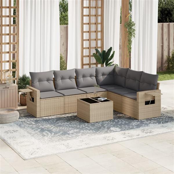 Grote foto vidaxl 7 delige loungeset met kussens poly rattan beige tuin en terras tuinmeubelen