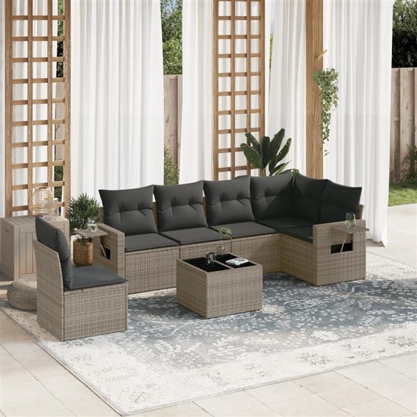 Grote foto vidaxl 7 delige loungeset met kussens poly rattan grijs tuin en terras tuinmeubelen