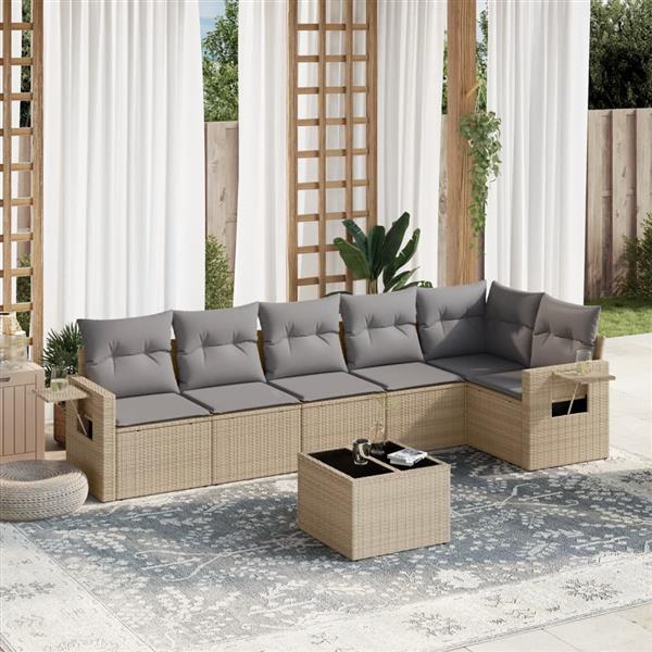 Grote foto vidaxl 7 delige loungeset met kussens poly rattan beige tuin en terras tuinmeubelen