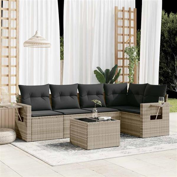 Grote foto vidaxl 6 delige loungeset met kussens poly rattan lichtgrijs tuin en terras tuinmeubelen