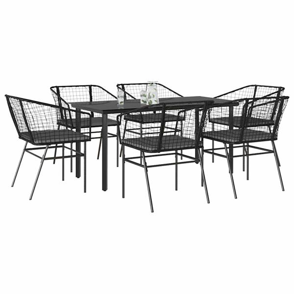 Grote foto vidaxl 7 delige tuinset met kussens poly rattan glas zwart tuin en terras tuinmeubelen