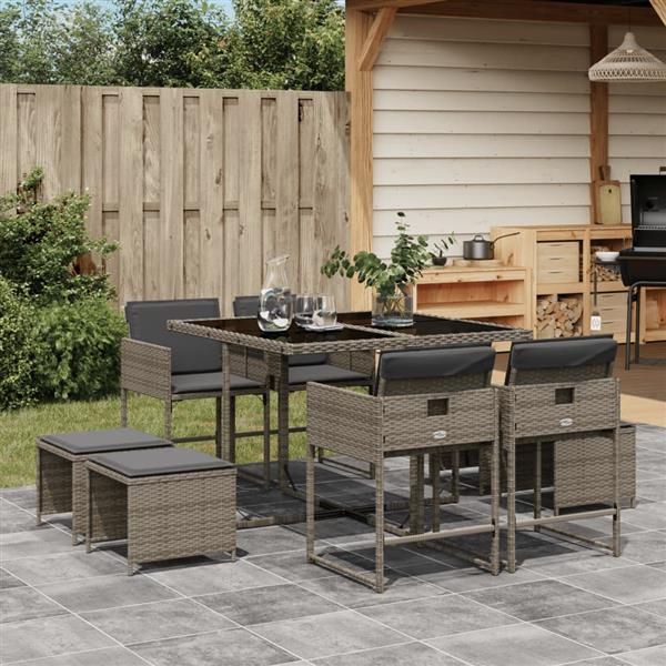 Grote foto vidaxl 9 delige tuinset met kussens poly rattan grijs tuin en terras tuinmeubelen