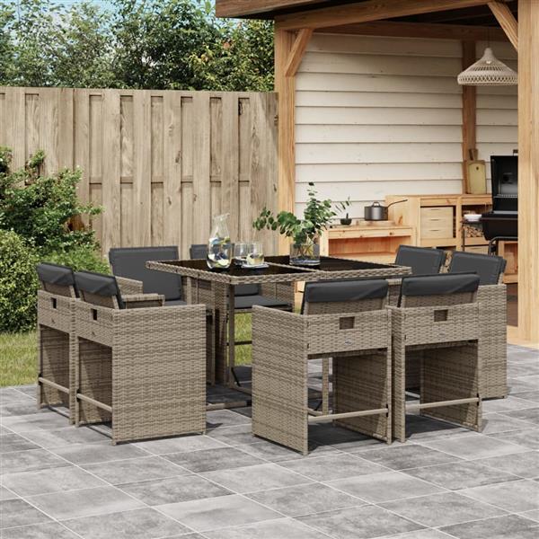 Grote foto vidaxl 9 delige tuinset met kussens poly rattan grijs tuin en terras tuinmeubelen