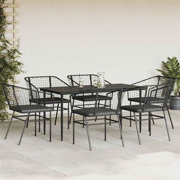 Grote foto vidaxl 7 delige tuinset met kussens poly rattan glas zwart tuin en terras tuinmeubelen