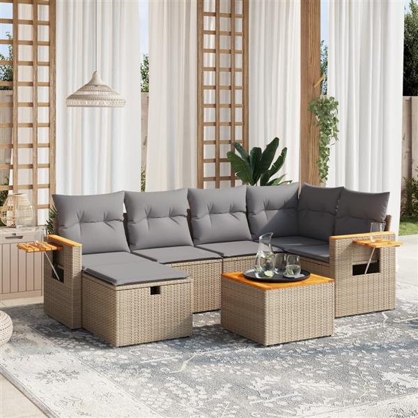 Grote foto vidaxl 7 delige loungeset met kussens poly rattan gemengd beige tuin en terras tuinmeubelen