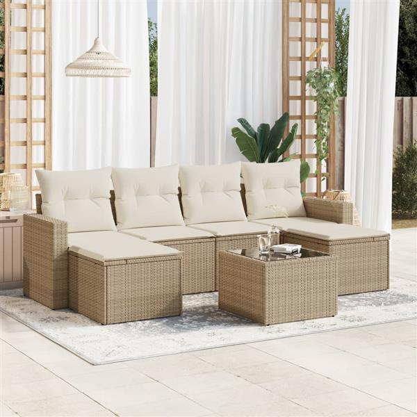 Grote foto vidaxl 7 delige loungeset met kussens poly rattan beige tuin en terras tuinmeubelen