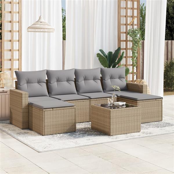 Grote foto vidaxl 7 delige loungeset met kussens poly rattan beige tuin en terras tuinmeubelen