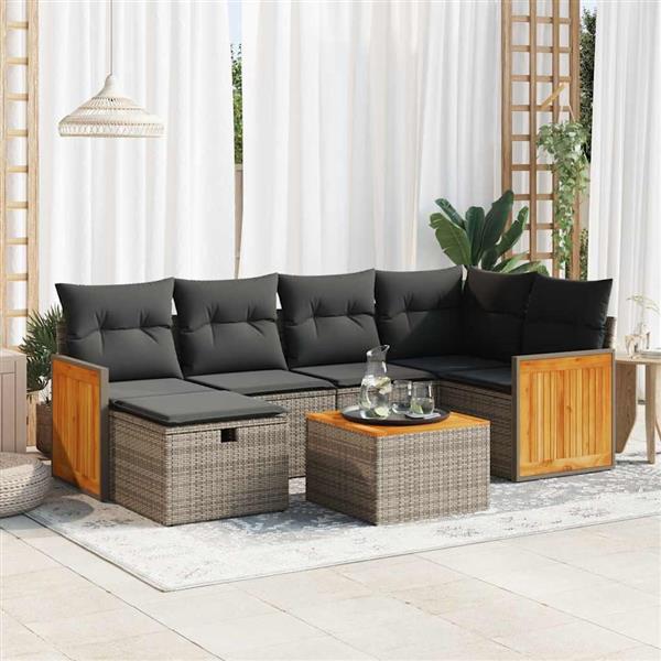 Grote foto vidaxl 7 delige loungeset met kussens poly rattan grijs tuin en terras tuinmeubelen