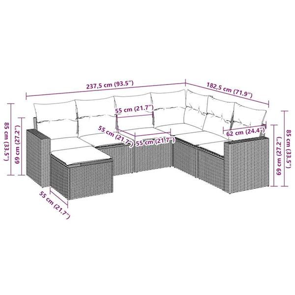 Grote foto vidaxl 7 delige loungeset met kussens poly rattan bruin tuin en terras tuinmeubelen