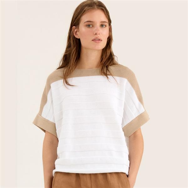 Grote foto rosso 35 bicolor sweater korte mouw met streep maat m kleding dames truien en vesten