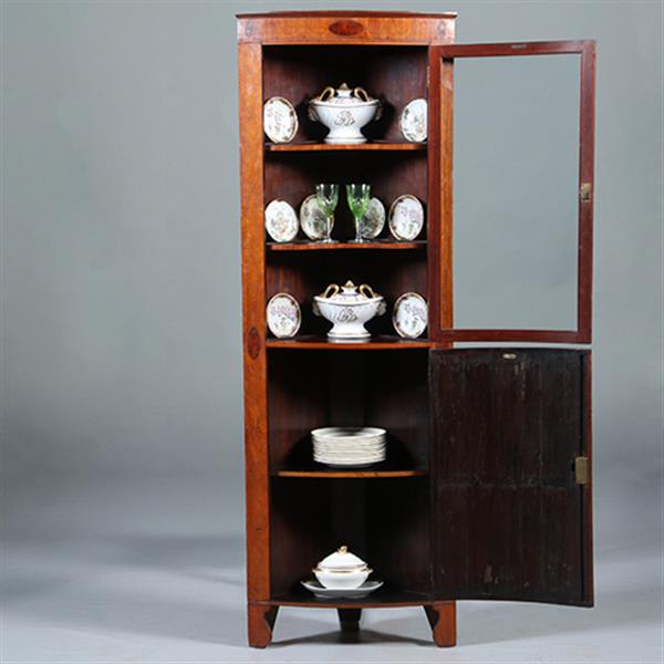 Grote foto kwart ronde of bow front hoekkast engeland ca 1790 fraai ingelegd no.283020 antiek en kunst stoelen en banken