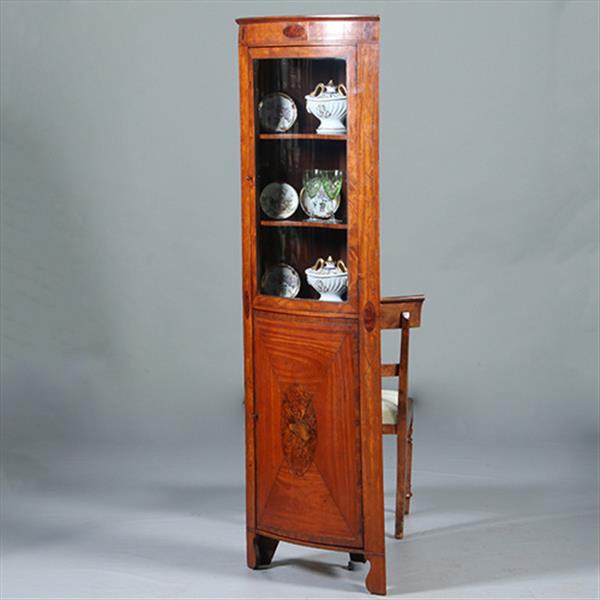Grote foto kwart ronde of bow front hoekkast engeland ca 1790 fraai ingelegd no.283020 antiek en kunst stoelen en banken