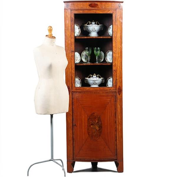 Grote foto kwart ronde of bow front hoekkast engeland ca 1790 fraai ingelegd no.283020 antiek en kunst stoelen en banken