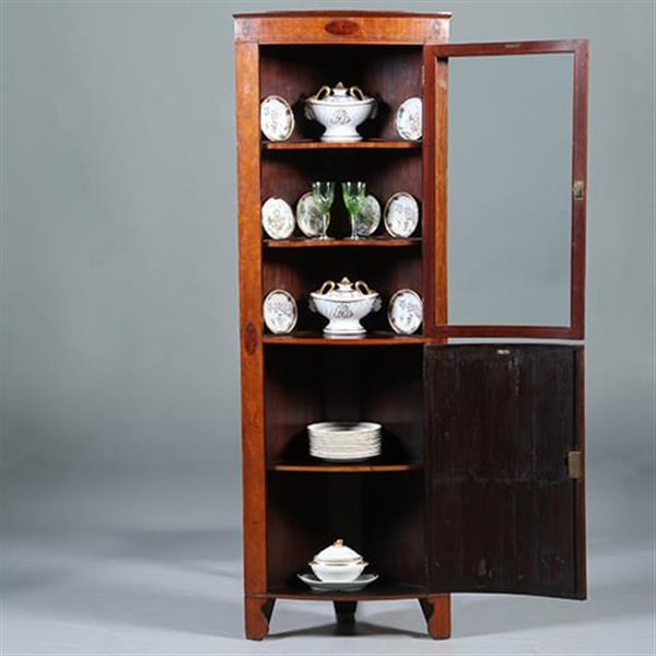 Grote foto kwart ronde of bow front hoekkast engeland ca 1790 fraai ingelegd no.283020 antiek en kunst stoelen en banken