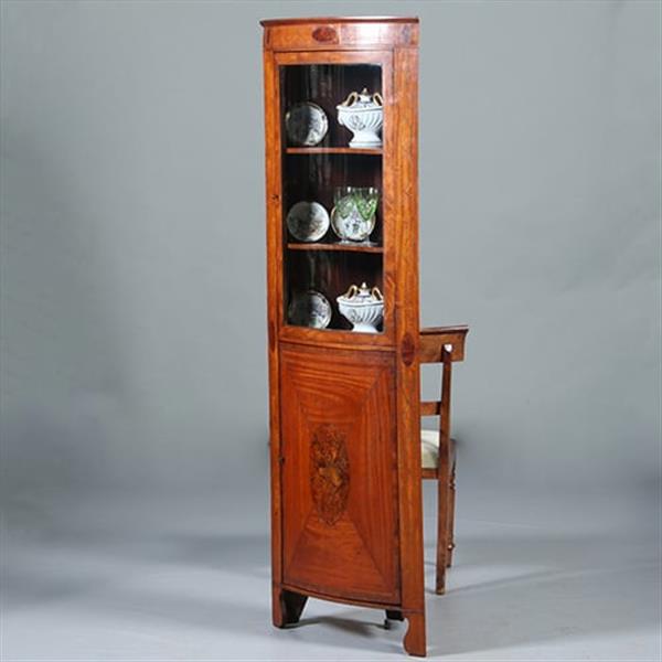 Grote foto kwart ronde of bow front hoekkast engeland ca 1790 fraai ingelegd no.283020 antiek en kunst stoelen en banken