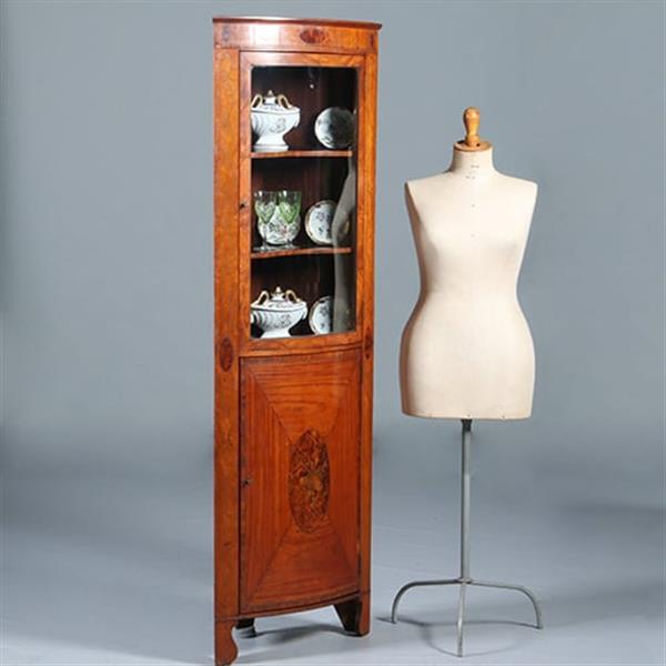 Grote foto kwart ronde of bow front hoekkast engeland ca 1790 fraai ingelegd no.283020 antiek en kunst stoelen en banken