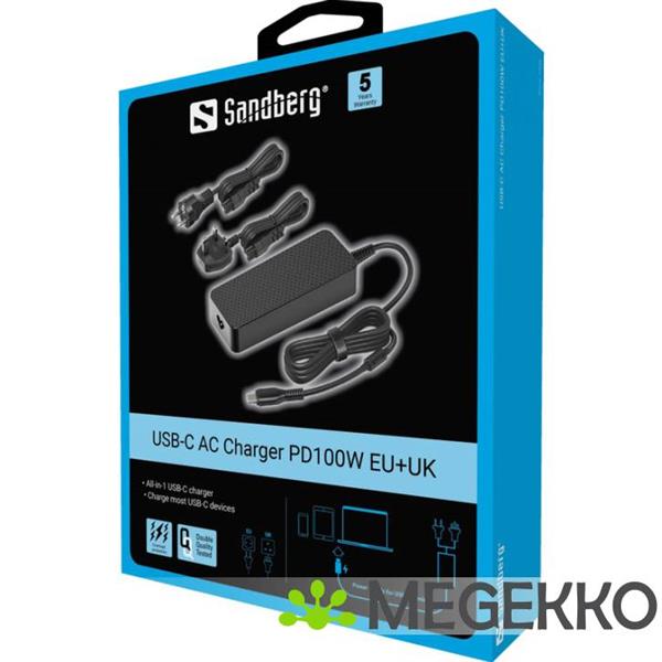 Grote foto sandberg usb c ac charger pd100w eu uk zwart binnen computers en software overige