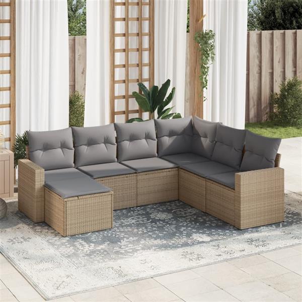 Grote foto vidaxl 7 delige loungeset met kussens poly rattan beige tuin en terras tuinmeubelen