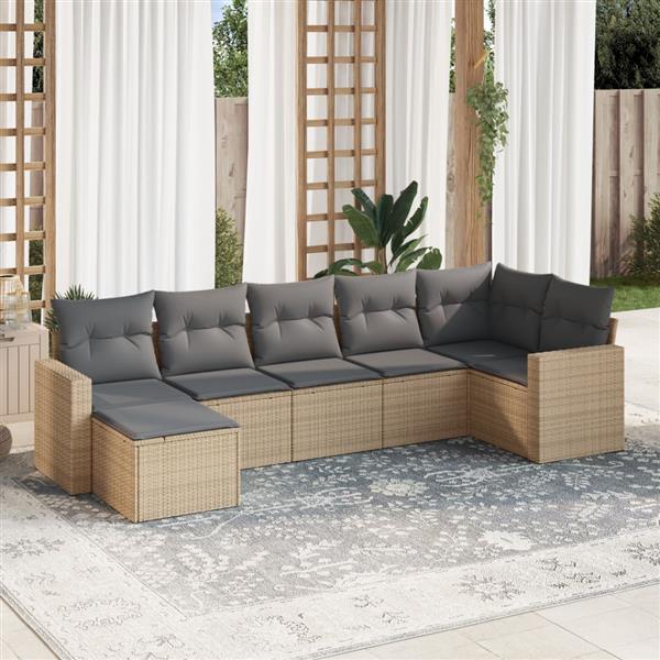 Grote foto vidaxl 7 delige loungeset met kussens poly rattan beige tuin en terras tuinmeubelen