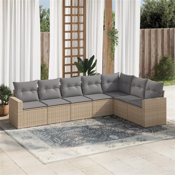 Grote foto vidaxl 7 delige loungeset met kussens poly rattan beige tuin en terras tuinmeubelen