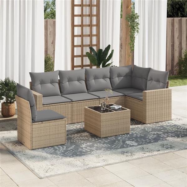 Grote foto vidaxl 7 delige loungeset met kussens poly rattan beige tuin en terras tuinmeubelen