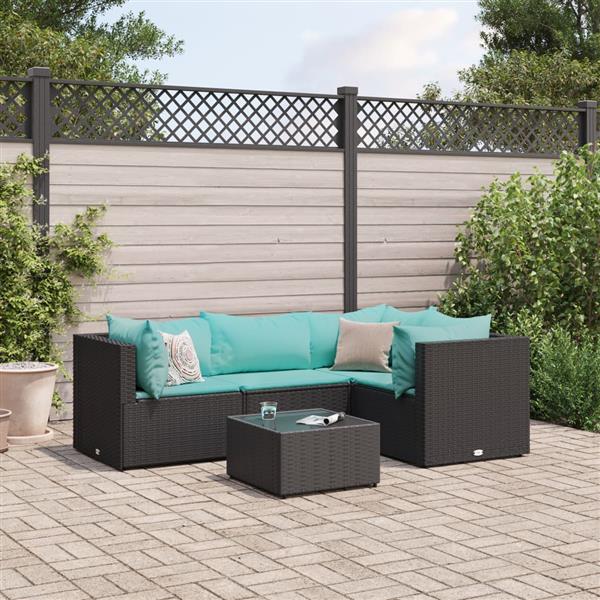 Grote foto vidaxl 5 delige loungeset met kussens poly rattan zwart tuin en terras tuinmeubelen