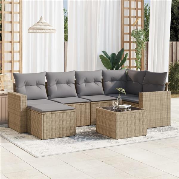 Grote foto vidaxl 7 delige loungeset met kussens poly rattan beige tuin en terras tuinmeubelen