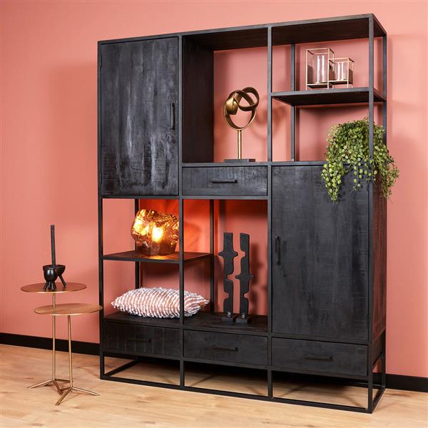 Grote foto vakkenkast denver black xxl 160 cm zwart mangohout en staal huis en inrichting eettafels