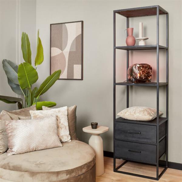 Grote foto boekenkast denver black 55 cm 2 lades zwart mangohout en staal huis en inrichting eettafels